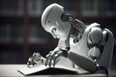Robot reading a book in a library. 3d rendering.の素材