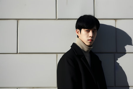 Asian man in black coat and short black hair on white wall backgroundの素材
