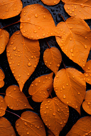 Autumn leaves on a black background with drops of dew.の素材