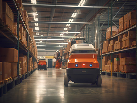 Side view of a forklift working in a warehouse. 3d renderingの素材