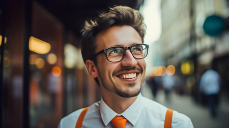 Portrait of handsome young man with eyeglasses in the cityの素材