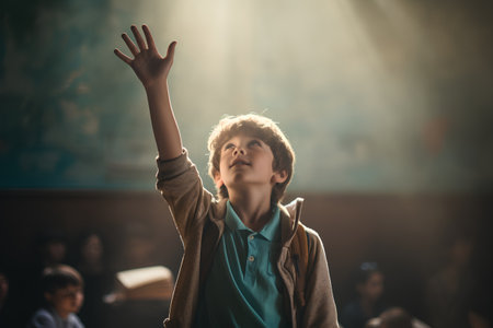 Young boy raising his hand in the classroom at school. Education concept.の素材