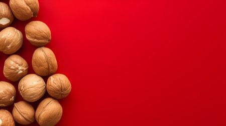 Walnuts on red background. Top view. Flat lay. Copy spaceの素材