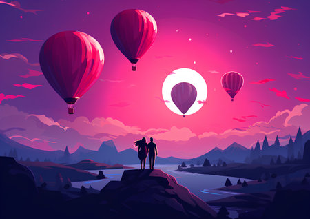 Romantic couple in hot air balloons on the background of mountains. Vector illustration.の素材