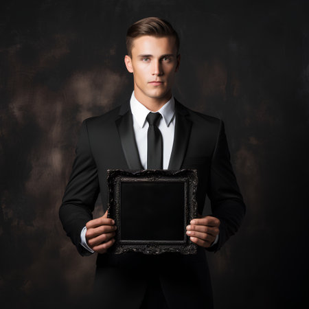 Portrait of a handsome young man in black suit holding a frame.の素材