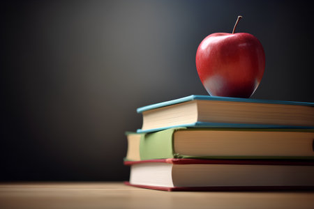 Stack of books and apple on wood table. Back to school concept.の素材