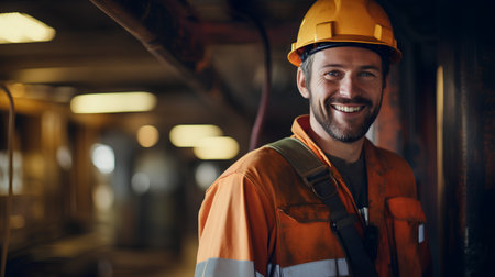 Portrait of happy worker in industrial factory. Smiling man in safety helmet looking at camera.の素材
