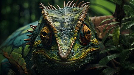 Close-up portrait of a chameleon in the jungle.の素材