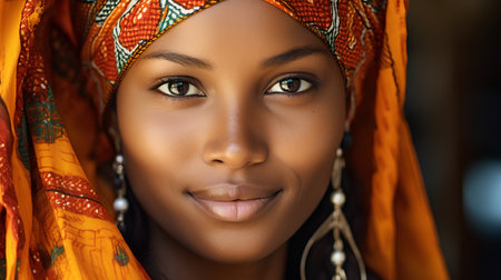 Close up portrait of a beautiful african woman with headscarfの素材