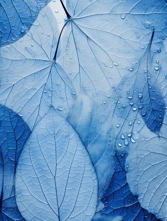 Blue leaves with water drops. Abstract background for design and ideas.の素材