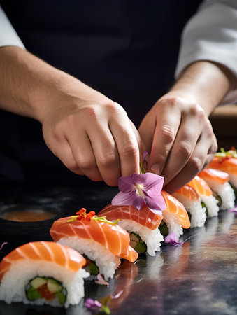 Close-up of male hands decorating sushi on black background.の素材
