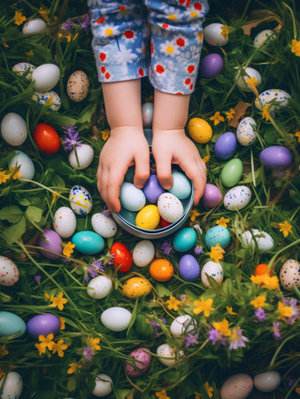 Easter egg hunt. Little child and colorful easter eggs on green grass.の素材