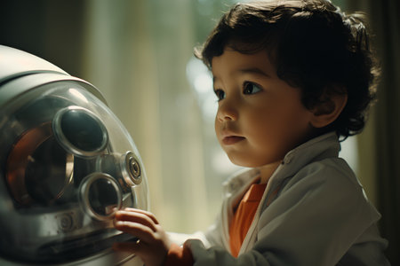 A little boy is playing with a toy robot at home. Educational toys for children.の素材