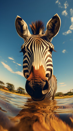 Zebra in the water with blue sky and white clouds background.の素材