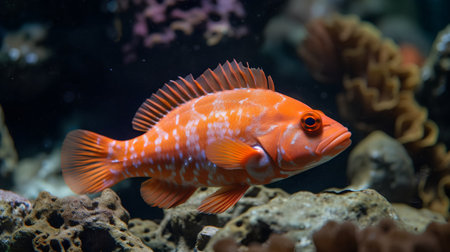 Red cichlid fish swimming on coral reef in aquarium.の素材