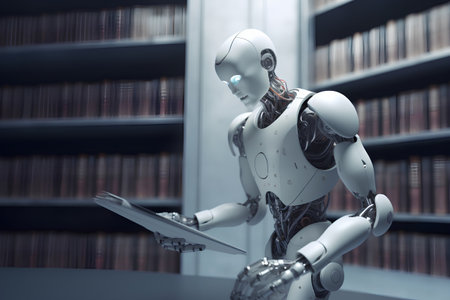 Robot reading a book in the library. 3D rendering.の素材