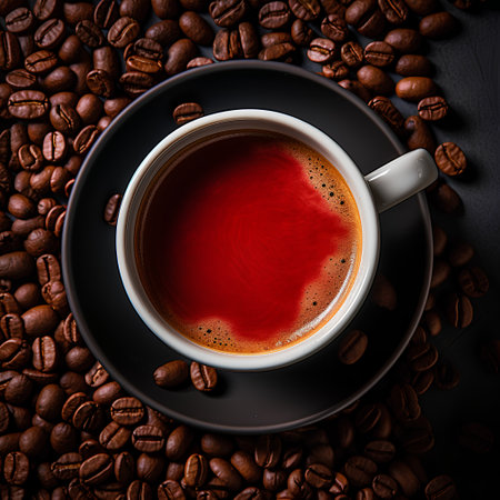Coffee cup and coffee beans on dark background, top viewの素材
