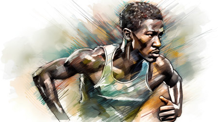 Digital illustration of an African American male athlete running with a grunge backgroundの素材