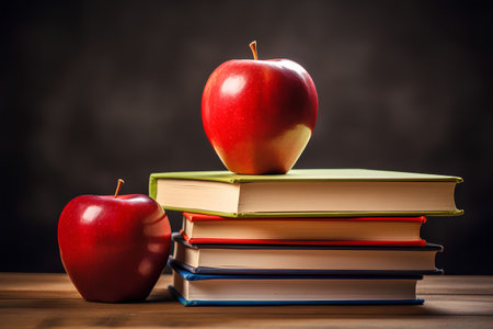 Books and apples on a wooden table. Back to school concept.の素材
