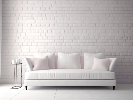 White sofa with pillows on a brick wall. 3d renderingの素材