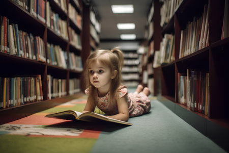 Little girl reading a book in the library. Education and knowledge concept.の素材