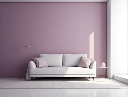 Interior of modern living room with purple wall and white sofa 3d renderの素材