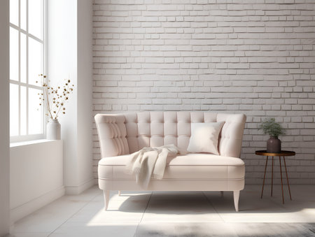 interior with pink sofa and brick wall, 3d render illustrationの素材
