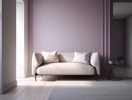 Interior of modern living room with purple wall, sofa and coffee table. 3d renderの素材