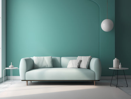 Interior of modern living room with green walls, carpet and blue sofa. 3d renderの素材