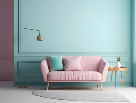 interior with pink sofa and blue wall, 3d render illustrationの素材