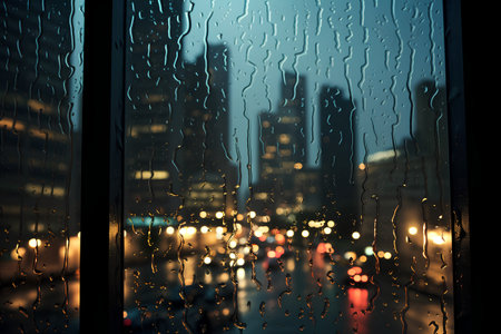Raindrops on the window. Blurred city lights in the background.の素材