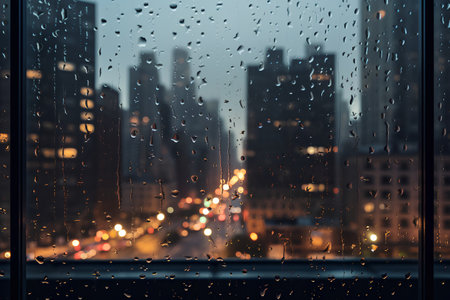 Rain drops on the window with cityscape in the background at nightの素材