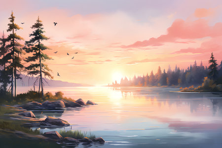 Beautiful sunset over the lake in the forest. Digital painting.の素材