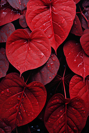 Red leaves with water drops. Floral background. 3D renderingの素材