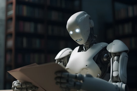 Robot reading a book in a library. 3d render.の素材
