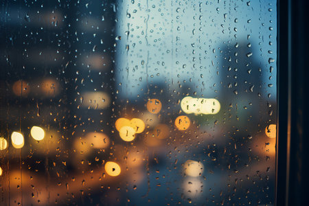 Rain drops on the window and city lights bokeh background.の素材