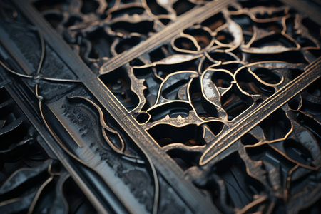 Fragment of forged metal gate. Close-up. Selective focus. Toned.の素材