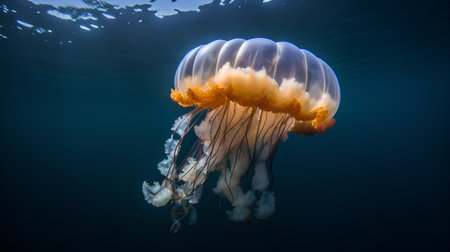 Beautiful jellyfish in the deep blue ocean. Underwater scene.の素材