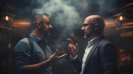 Two bearded men smoke electronic cigarette at night club. Smoking concept.の素材