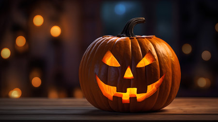 Halloween pumpkin head jack o lantern on wooden table and bokeh backgroundの素材