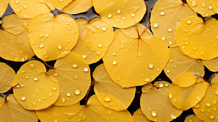 Yellow leaves with water drops on dark background. Top view. Flat lay.の素材