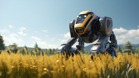 3D rendering of robot in the field with grass and blue skyの素材