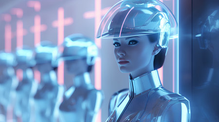 3d rendering of cyborg woman in futuristic cyborg cyber space.の素材