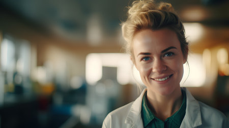 Portrait of a smiling female doctor standing in a hospital corridor.の素材