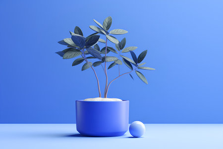 3d render of plant in pot on blue background. Minimal concept.の素材