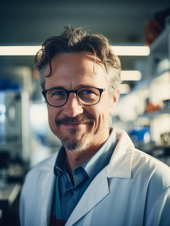Portrait of senior male scientist in lab coat and eyeglasses looking at camera.の素材