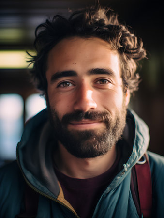 Portrait of a young man with a beard in a train.の素材
