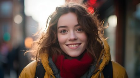 Portrait of a beautiful young woman with curly hair in the cityの素材