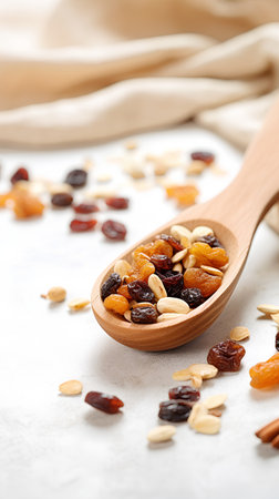 Wooden spoon with raisins and nuts on a light backgroundの素材