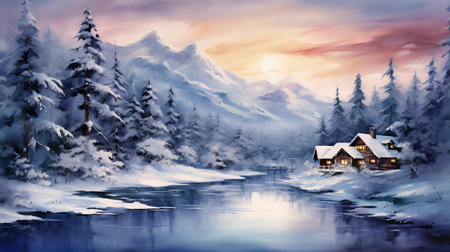 Beautiful winter landscape. Wooden house in the mountains. Digital painting.の素材